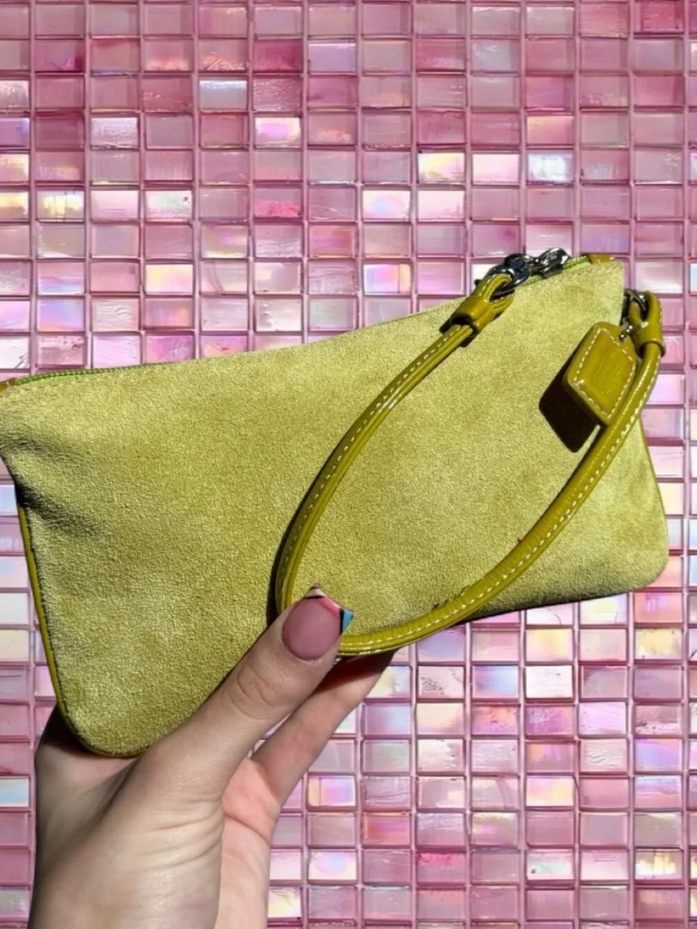 Coach Yellow-Lime Suede Wristlet Clutch with Patent Trim - Picture 3 of 6